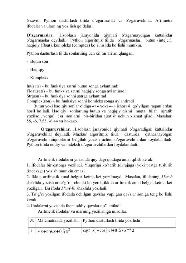 Python dasturlash tilida o’zgarmaslar va o’zgaruvchilar