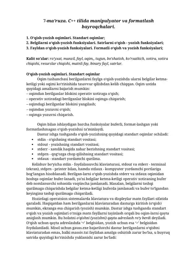 C++ tilida manipulyator va formatlash bayroqchalari