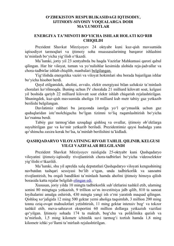 Energetika ta'minoti bo'yicha ishlar holati