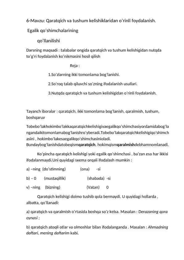 Qaratqich va tushum kelishiklaridan o’rinli foydalanish