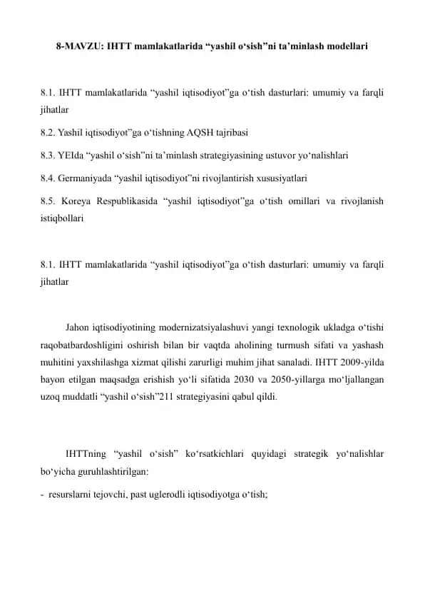 IHTT mamlakatlarida "yashil iqtisodiyot"ga o‘tish dasturlari