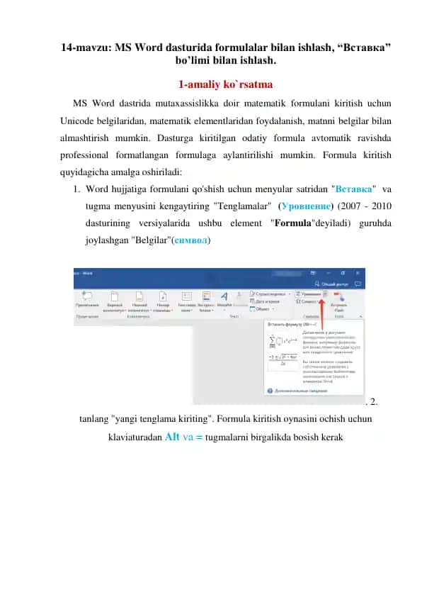 MS Word formulalar bilan ishlash