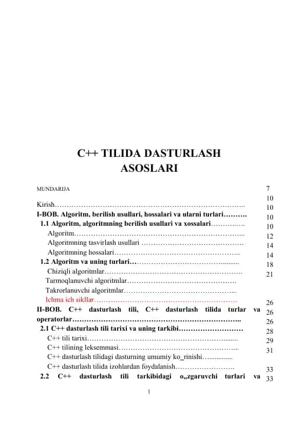 C++ TILIDA DASTURLASH ASOSLARI