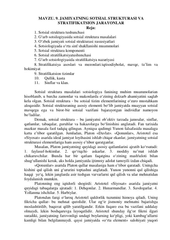 Sotsial struktura va stratifikatsiya haqida maqola