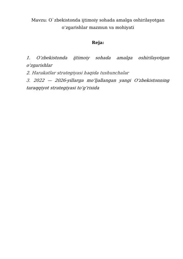 O'zbekistonda Ijtimoiy Sohada Amalga Oshirilayotgan O’zgarishlar