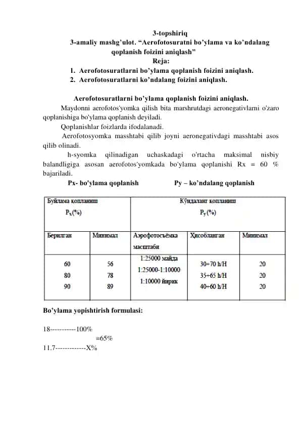 Aerofotosuratni bo’ylama va ko’ndalang qoplanish foizini aniqlash