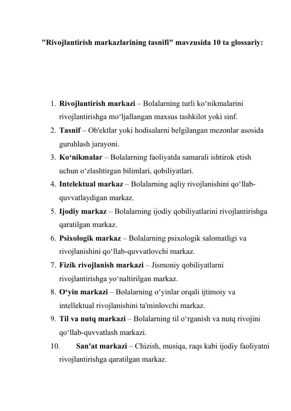 Rivojlantirish markazlarining tasnifi