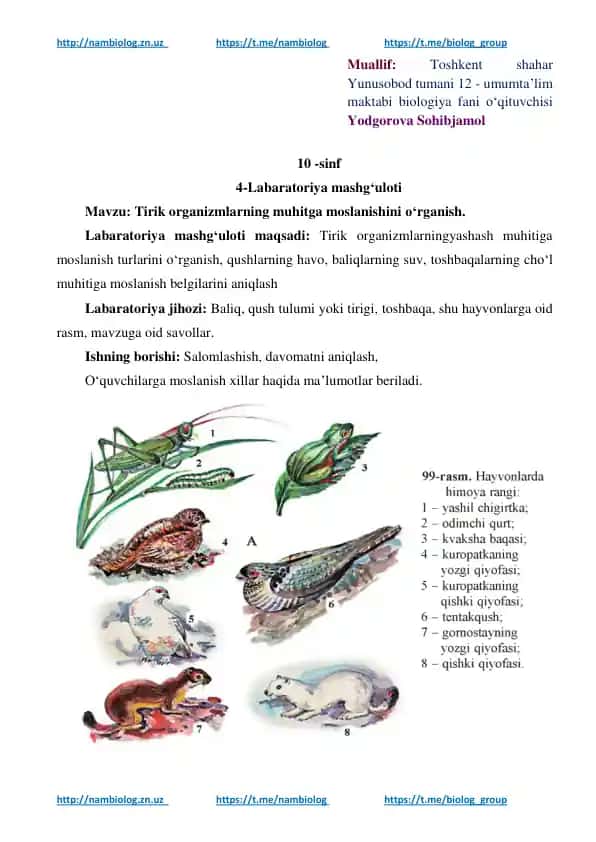 Biologiya fanining labaratoriya mashg'uloti "Tirik organizmlarning muhitga moslanishini o‘rganish"