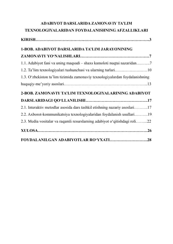 Adabiyot darslarida zamonaviy ta’lim texnologiyalaridan foydalanishning afzalliklari