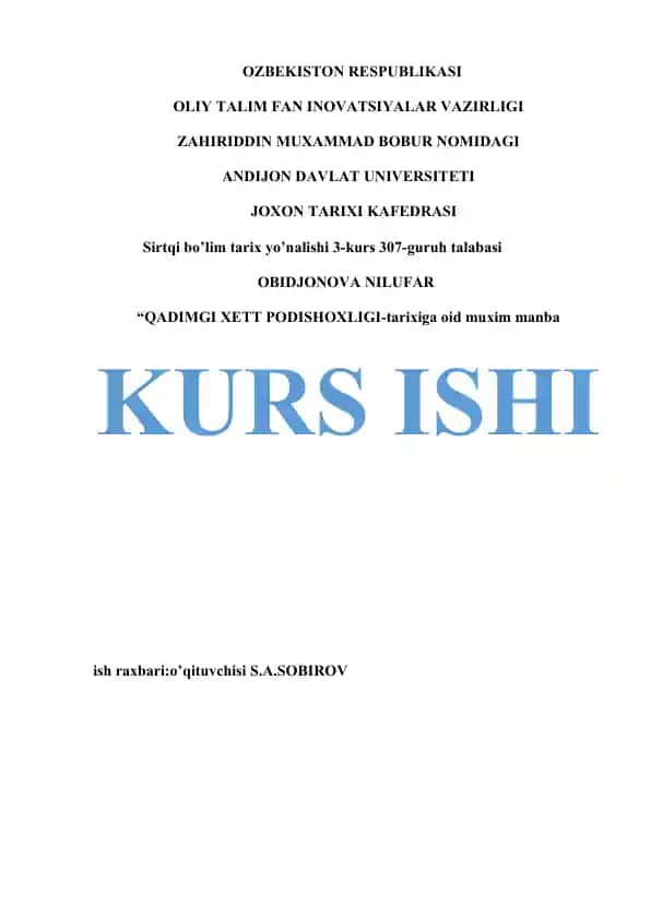 Qadimgi Xett Podsholigi tarixiga oid kurs ishi