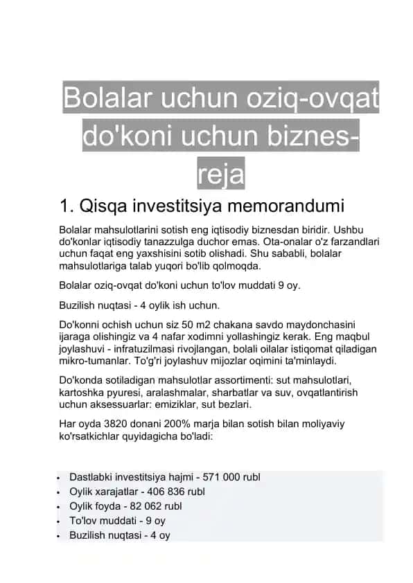 Bolalar uchun oziq-ovqat do'koni uchun biznes-reja
