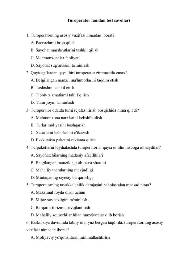 Turoperator fanidan test savollari