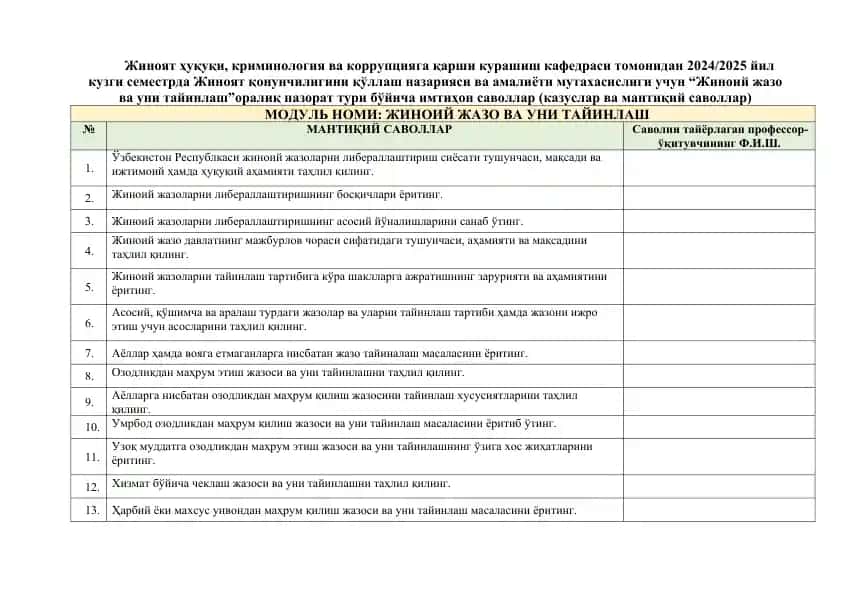 ЖИНОИЙ ЖАЗО ВА УНИ ТАЙИНЛАШ