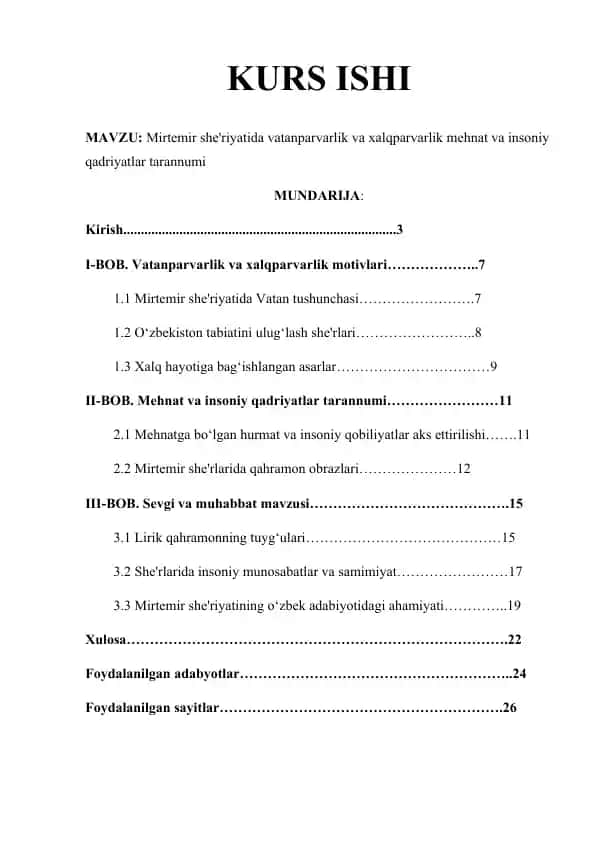 Mirtemir she'riyatida vatanparvarlik va xalqparvarlik mehnat va insoniy qadriyatlar tarannumi