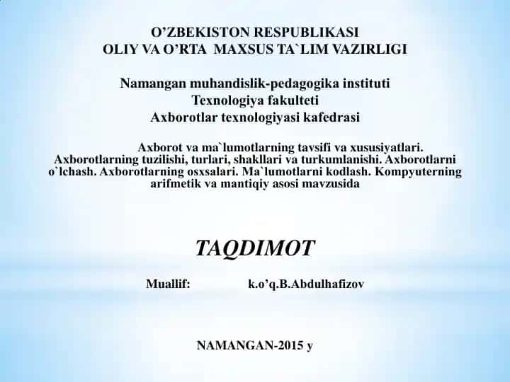 Axborot va ma`lumotlar texnologiyasi