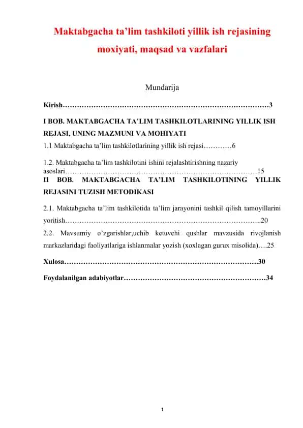 Maktabgacha ta’lim tashkiloti yillik ish rejasi