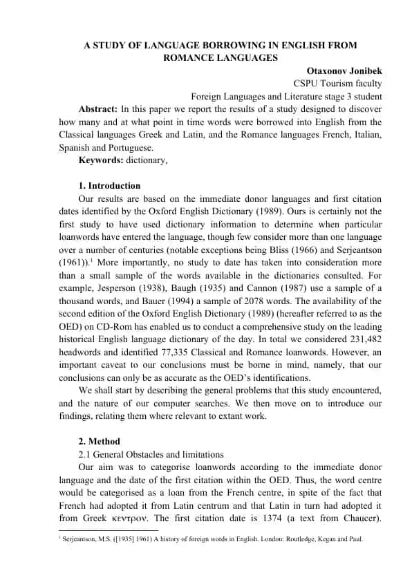 A STUDY OF LANGUAGE BORROWING IN ENGLISH FROM ROMANCE LANGUAGES