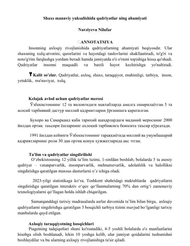 Kelajak avlod uchun qadriyatlar merosi