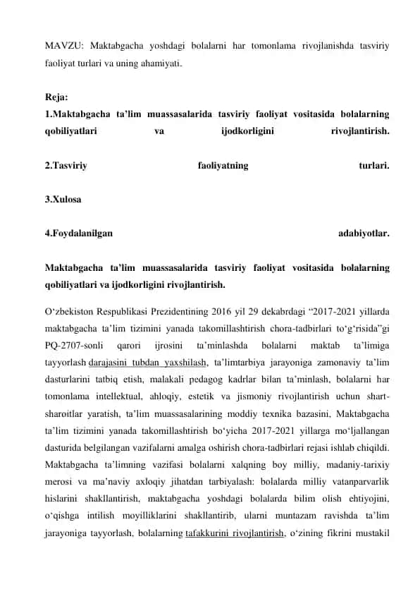 Maktabgacha yoshdagi bolalarni har tomonlama rivojlanishda tasviriy faoliyat turlari va uning ahamiyati.