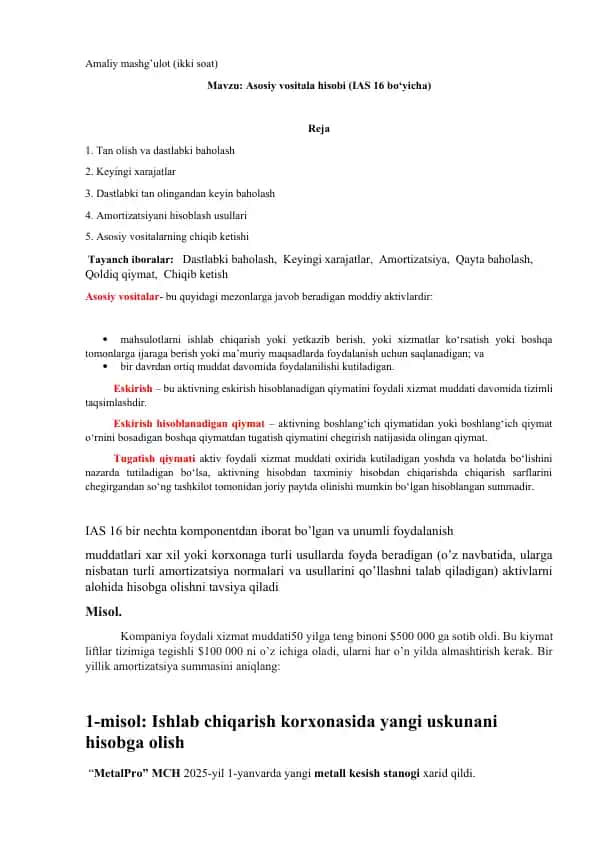 Asosiy vositala hisobi (IAS 16 bo‘yicha)