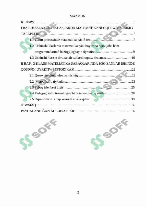 Kurs ishi . Kurs jumısı . 3-KLASS MATEMATIKA SABAQLARINDA 1000 SANLAR ISHINDE QOSIWDI ÚYRETIW METODIKASI