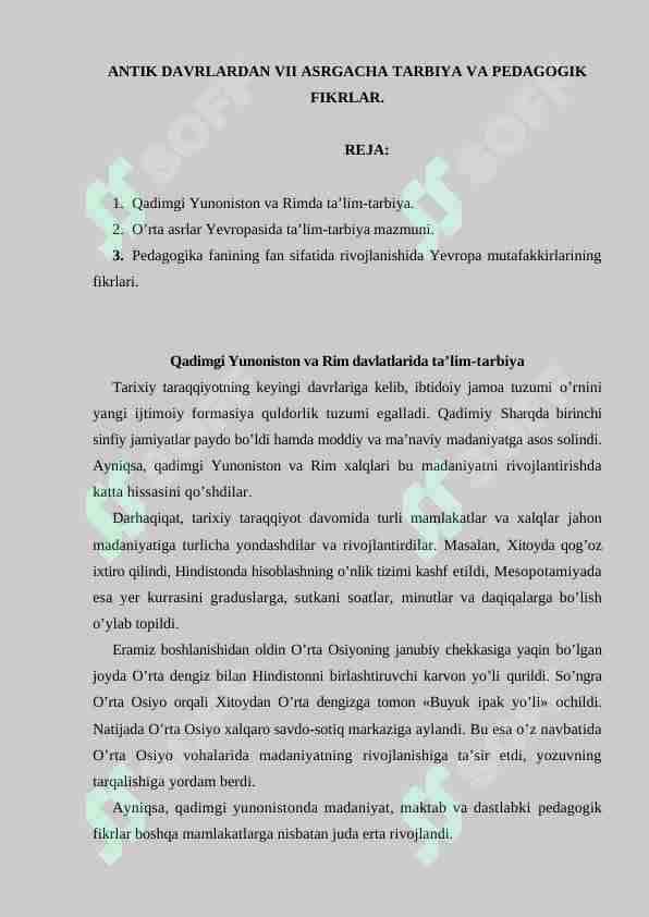ANTIK DAVRLARDAN VII ASRGACHA TARBIYA VA PEDAGOGIK FIKRLAR.