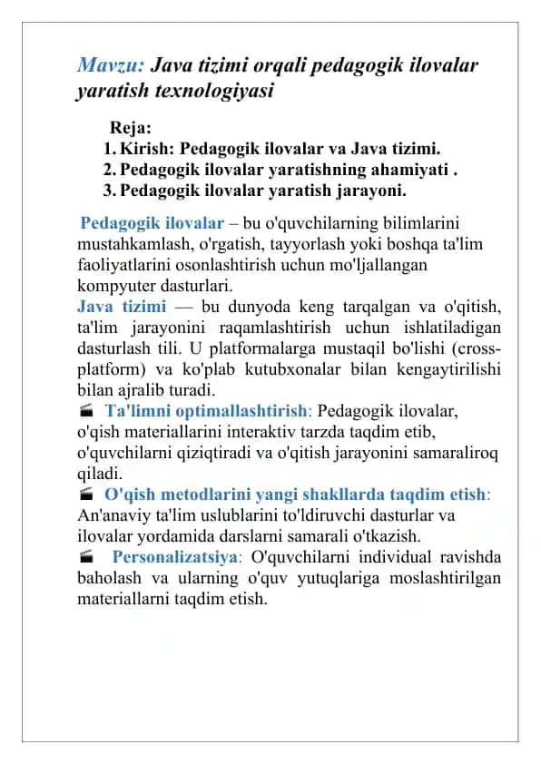 Java tizimi orqali pedagogik ilovalar yaratish texnologiyasi