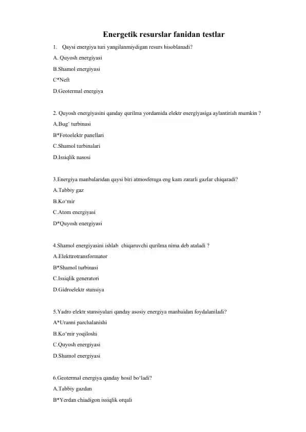 Energetik Resurslar Fanidan Testlar