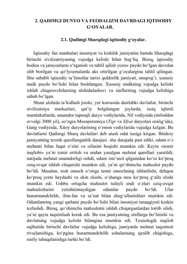 QADIMGI DUNYO VA FEODALIZM DAVRDAGI IQTISODIY G‘OYALAR