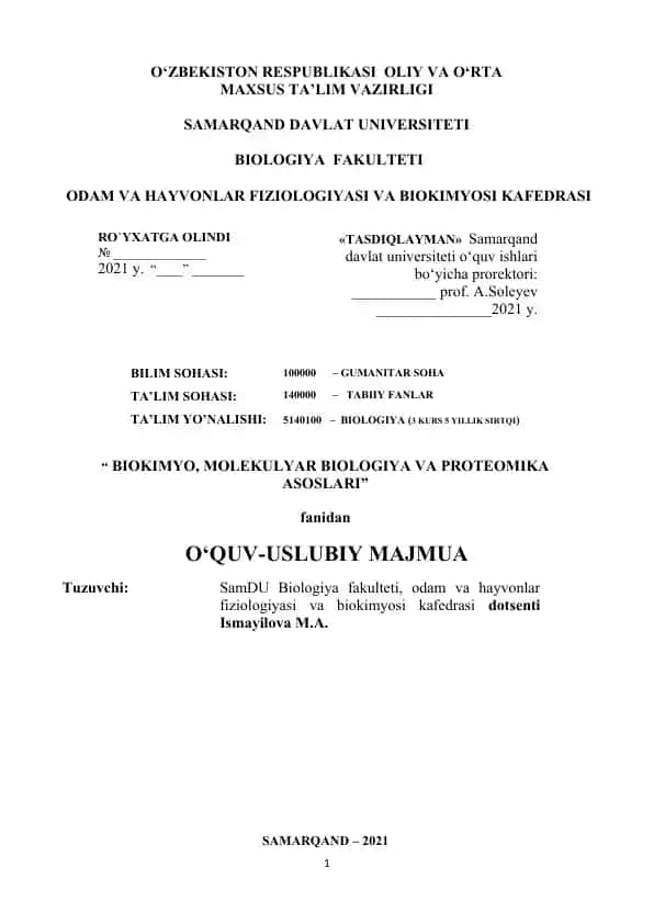 Biokimyo va molekulyar biologiya fanining o‘quv-uslubiy majmuasi