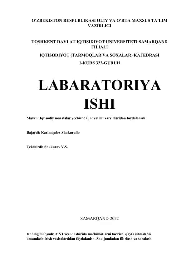 Iqtisodiy masalalar yechishda jadval muxarrirlaridan foydalanish