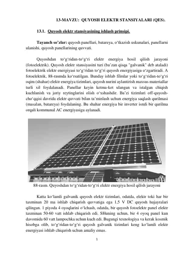 Quyosh Elektr Stansiyalari (QES)