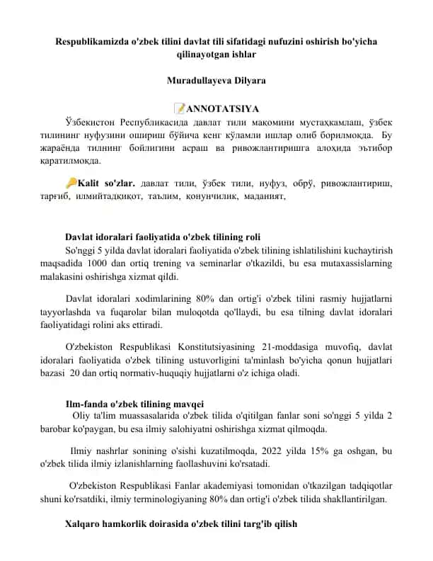 Respublikamizda o'zbek tilini davlat tili sifatidagi nufuzini oshirish bo'yicha qilinayotgan ishlar
