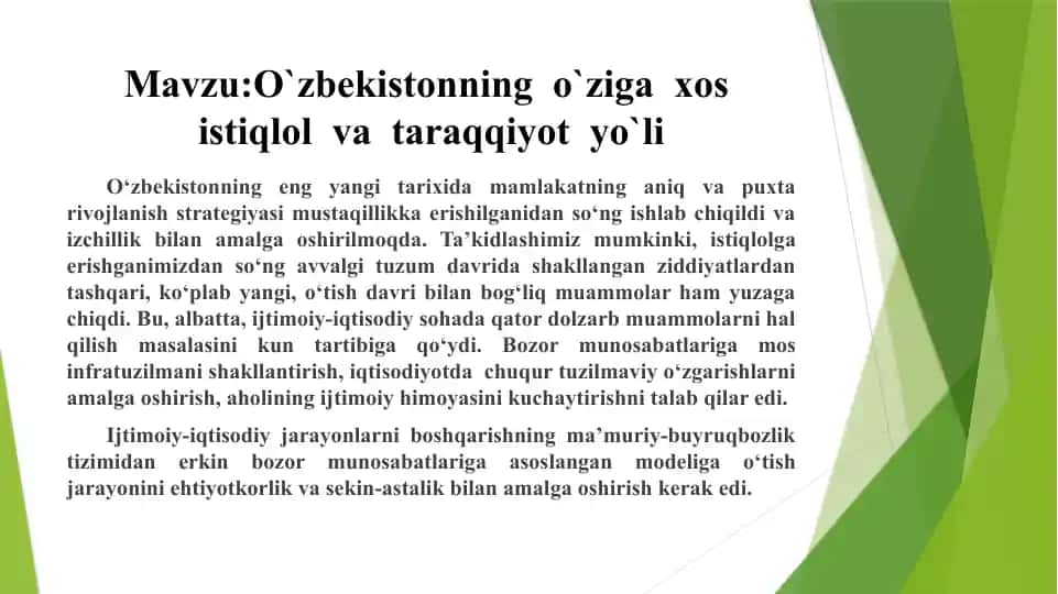 Oʻzbekistonning oʻziga xosistiqlo va tarqiyot yoʻli