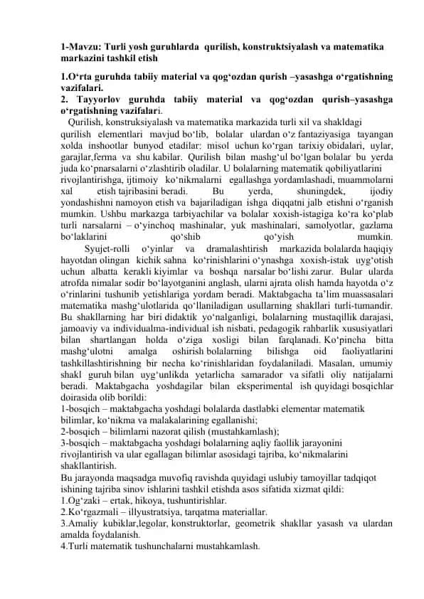 Maktabgacha yoshda matematika va konstruktsiyalashni rivojlantirish uchun ta’lim markazi