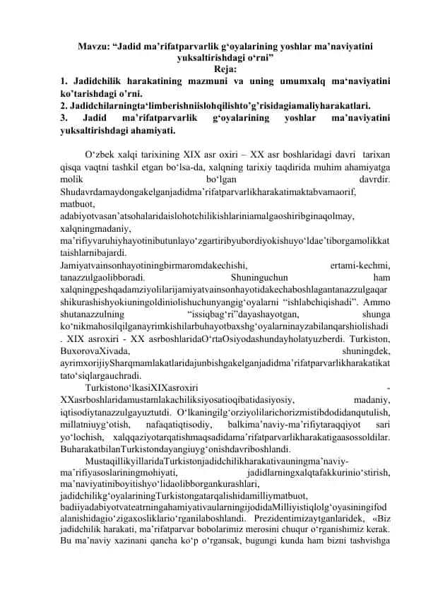 Jadid ma’rifatparvarlik g‘oyalarining yoshlar ma’naviyatini yuksaltirishdagi o‘rni