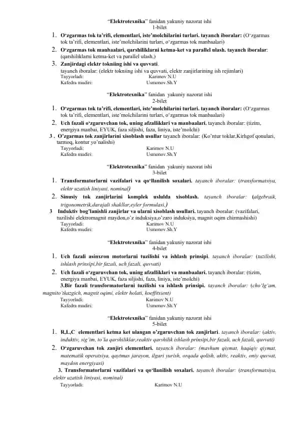 "Elektrotexnika" fanidan yakuniy nazorat ishi