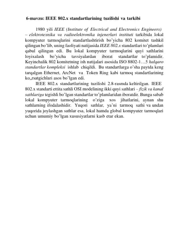 IEEE 802.x standartlarini tuzilishi va tarkibi