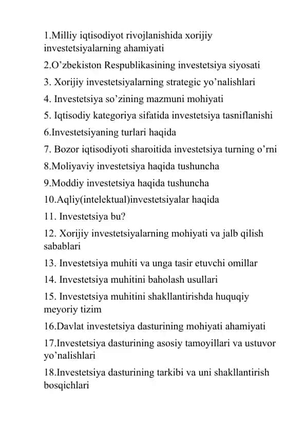 Xorijiy investitsiyalar va ularning ahamiyati