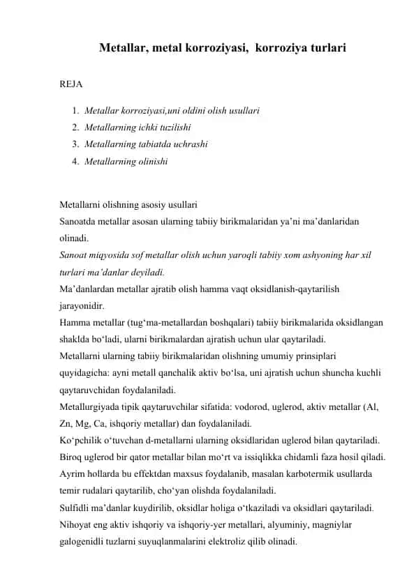Metallar korroziyasi, uni oldini olish usullari