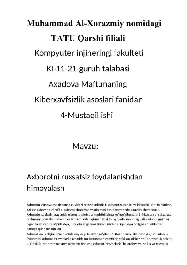 Axborot xavfsizligi va himoyalash