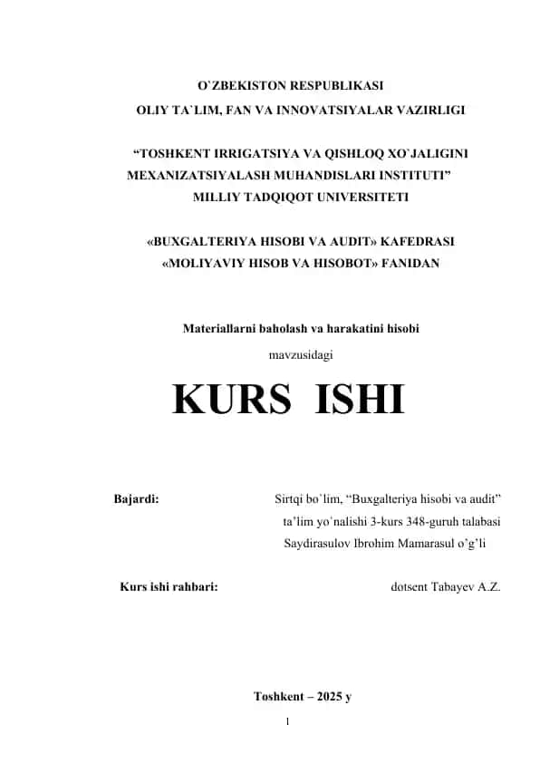 Materiallarni baholash va harakatini hisobi