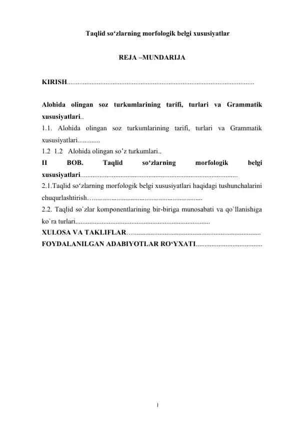 Taqlid so‘zlarning morfologik belgi xususiyatlari bo‘yicha kurs ishi