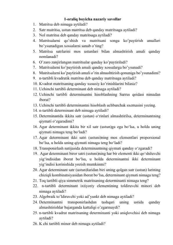 Matritsalar va Chiziqli Algebra bo‘yicha Nazariy Savollar to‘plami