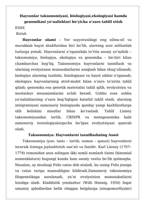 Hayvonlar taksonomiyasi, biologiyasi, ekologiyasi hamda genomikasi yo‘nalishlari