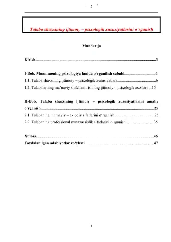 Talaba shaxsining ijtimoiy – psixologik xususiyatlarini o`rganish