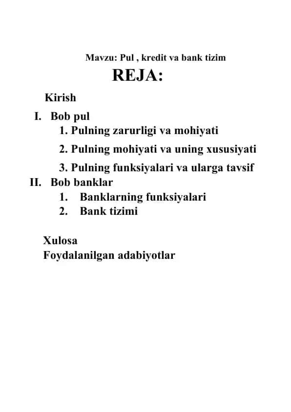 Pul , kredit va bank tizim
