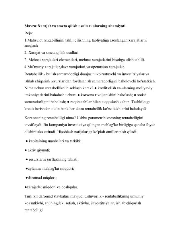 Xarajat va smenta qilish usullari va ularning ahamiyati