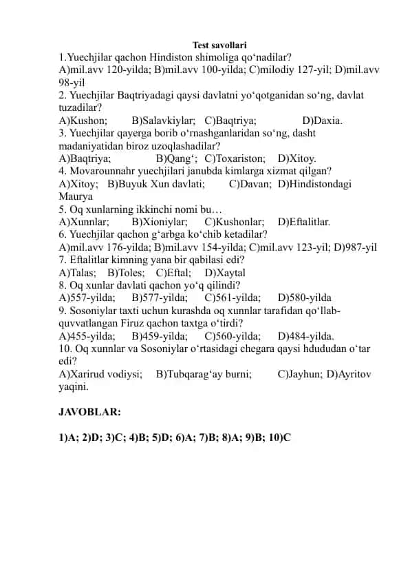 Yuechjilar test variantli javoblari bilan 10 talik