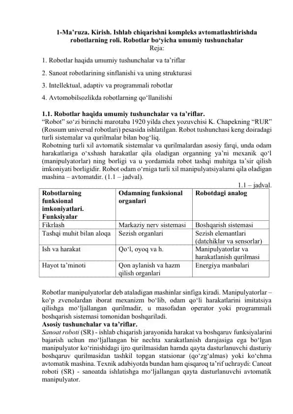 Robotlar haqida umumiy tushunchalar va ta’riflar